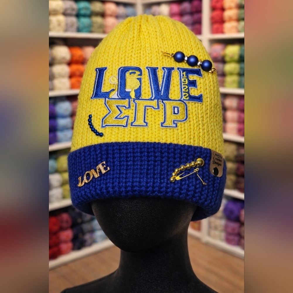 Blue and Yellow Beanie with Love Embroidery